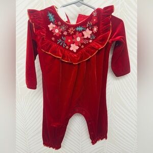 Red Velvet Baby Romper with Floral Embroidery